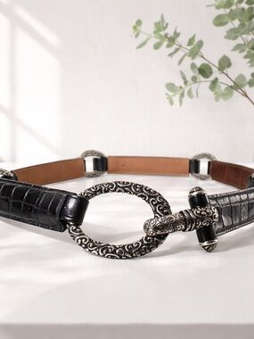 Brighton Black Croc Embossed Leather Ornate Link Belt - Size 38